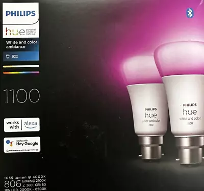 $145 • Buy Philips White/Colour Ambiance Hue 11W A60 B22 Light Globes/Bulbs Bluetooth 2Pk