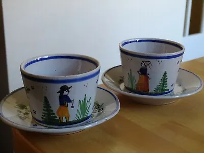 £88.48 • Buy VINTAGE TWO CUPS COFFEE FRENCH FAIENCE HB QUIMPER Couple Breton Circa 1900