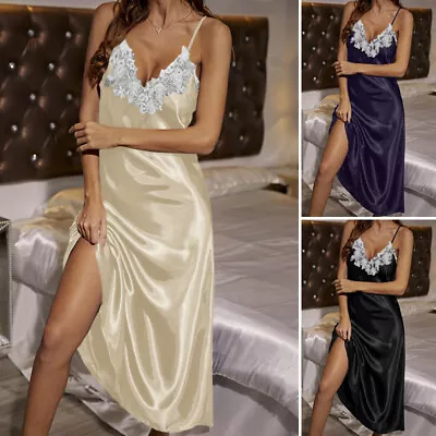 UK Women Sexy Lace Satin Silky V-neck Slip Hem Dress Cocktail Party Gown Dresses • £6.99