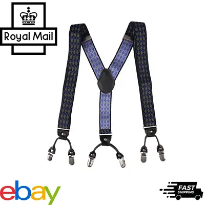 35mm Adjustable Mens Braces Highly Elastic Suspenders Heavy Duty Clips Blue UK • £6.99