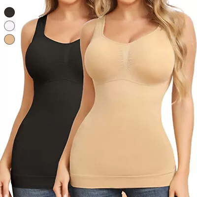 Women Built In Bra Padded Cami Vest Camisole Tank Top Body Shaper Tummy Slimming • £11.79