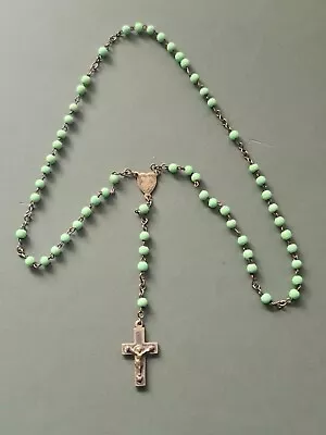 Vintage Green Glass + Metal Crucifix Rosary #107 • £1.95