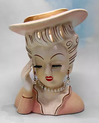 Vintage Artmark Lady Head Vase Headache Pose 5 1/2  Pink Dress White Hat Pearls • $39.95