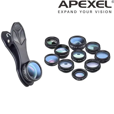 Apexel Cell Phone Camera Lens Kit Macro/Wide/Fisheye+Clip For IPhone/Smartphone • £15.99