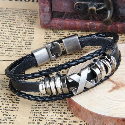 Men Women Leather Braided Classic Rope Bracelet Stainless Steel Bangle Gift US • $6.49