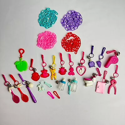 Vintage 80s Retro Plastic Clip Bell Charms Lot PLUS 4 Necklace Chains Novelty • $54