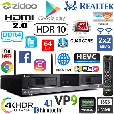 ZIDOO X20 2G DDR4 16G Realtek RTD1296 4K HDR Android TV Set Top Box Dual HDD NAS • £492.99
