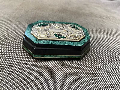 Vintage Wood Dresser Box Faux Malachite Decoration Sterling Silver Top & Enamel • $175