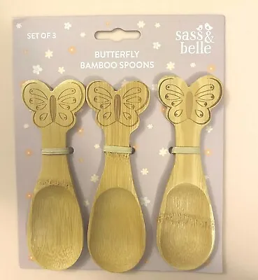 🦋Kids Butterfly Bamboo Spoons -Set 3 Toddler Wooden Feeding Weaning Eco Childs • £3.99