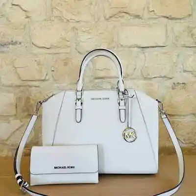 Michael Kors Large Ciara Leather Satchel Handbag Wallet White Silver Nwt • $159