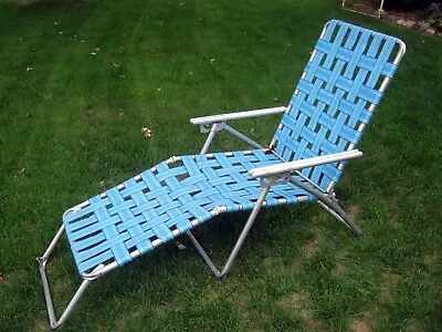 Vintage Aluminum Webbed Folding Chaise Lounge Lawn Chair BLUE Beach Pool • $44.62