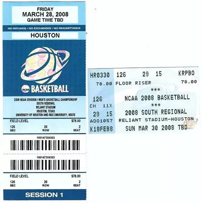 2008 NCAA SOUTH REGIONAL Basketball Tickets MEMPHIS TEXAS MICHIGAN STSTANFORD • $19.95
