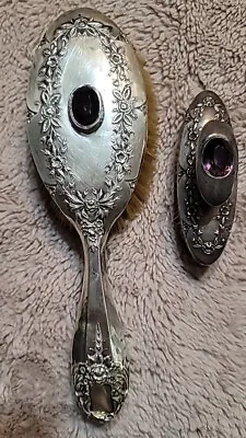 Unbelievably RARE STERLING SILVER AND AMEYTHEST HAIR BRUSHES BY F&B Co As Found • $550