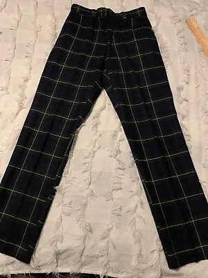 VTG Town & Campus WINDOW PANE 100% WOOL PANTS Navy Green Gold  Sz 29x32 Tall • $34.99