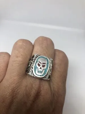 Vintage Men's Skull Ring Genuine Turquoise Silver Bronze Size 12.25 • $44