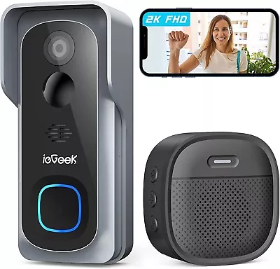 IeGeek 2K Wireless Video Doorbell Camera WiFi Smart Home USB Indoor Chime Alexa • £49.99