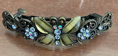 Vintage Lucite Rhinestone Flower And Butterfly Blue Metal 4   Hair Barrette • $8.05