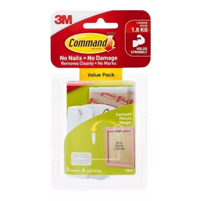 3M Command White Adhesive Sawtooth Picture Hanger Value Pack 1.8 Kg 3 Pack 17042 • $15