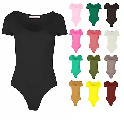 Womens Cap Short Sleeve Plain Round Neck Stretch Leotard Bodysuit UK Size • £3.86
