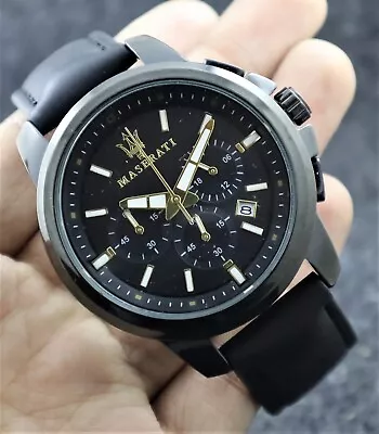 Maserati Men Chronograph Black Dial With Date Leather Band Quartz Wristwatch • $44.99