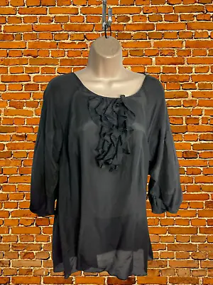 Womens Gap Maternity Size Uk Medium Black 3/4 Sleeve Frill Silk Blouse Shirt Top • £9.99