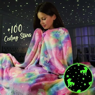 Big Glow In The Dark Unicorn Fleece Blanket For Girls Premium Quality 300G/SM • $33.90