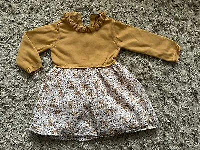 NEW Tu Baby Girls Lined Jumper Dress 6-9 Months Yellow Floral Long Sleeved • £3.99