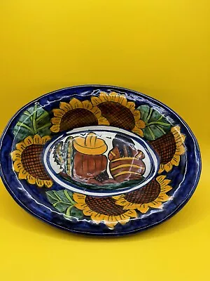 Mexican Talavera Pottery Oblong Deep Serving Bowl Dish Sunflowers Signed • $24.99