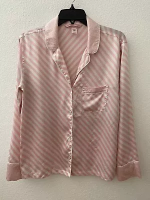 Victoria’s Secret Size S Satin Pink White Stripe Button Long Sleeve Pajama Top • $12.95