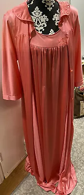 Vintage Lorraine Womens Sz L Peignoir Long Nightgown Gown & Robe Set Coral • $69