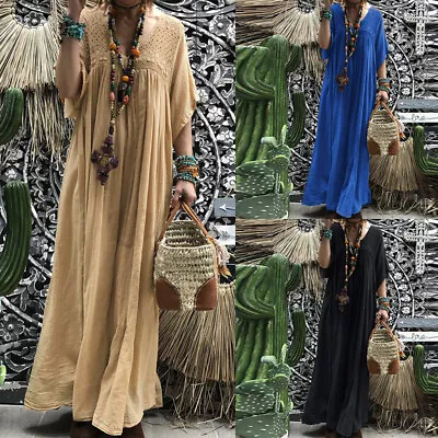 $20.42 • Buy US STOCK Women Shirt Dress Kaftan V Neck Lace Crochet Long Maxi Dress Sundress