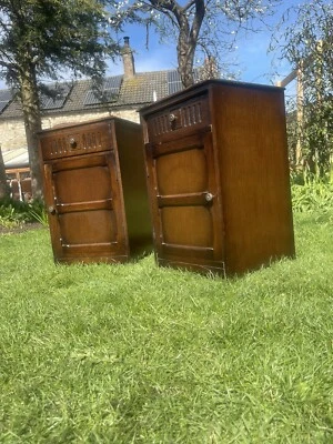 £220 • Buy Pair Of Vintage Oak Antique Style Bedside Tables Cabinets Linen Fold Old Charm