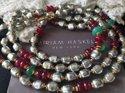 Miriam Haskell Sign Rope 46 L Gray Faux Pearl Green & Red Rondelle Brass Accent • $205