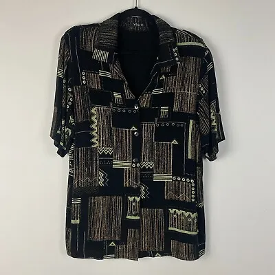 Vikki Vi Slinky Knit Button Shirt Womens 1X Black Tan Patterned Short Sleeve • $24.95
