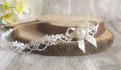 Baby Girl Ivory Christening Headband Baptism Wedding Lace Pearl Hairband Bow • £4.49