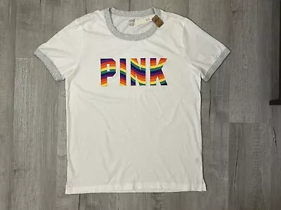 Victoria's Secret PINK Cotton Short Sleeve Campus Ringer T Shirt Pride Large NWT • $34.99