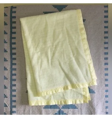 Vintage Baby Blanket Satin Nylon Trim Yellow Waffle Thermal Crib Easter 48”x36” • $64.95