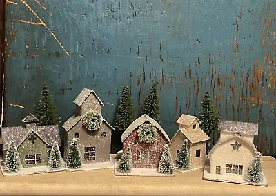 Primitive Colonial Christmas Light Up Putz Farmhouse Barn Mica Snow House 9p Set • $42.50