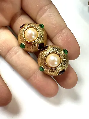$29 • Buy Vintage Earrings Clip On Cabochon Glass Mogul Stud Round Puffy 90s Jewelry Royal