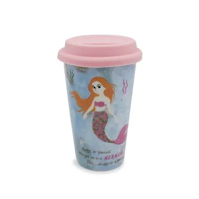 Mermaid Ceramic Travel Mug Thermal Double Walled With Pink Silicone Lid • £4.95