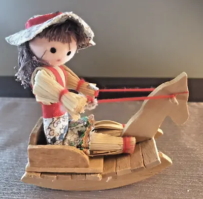 Vintage Miniature Corn Husk & Wood Girl On Rocking Horse Cart Figurine • $10.95