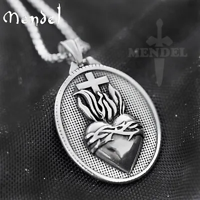 MENDEL Mens Cross Sacred Heart Of Jesus Christ Pendant Necklace Stainless Steel • $12.99