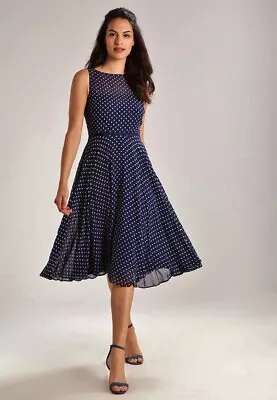 Hobbs Della Navy Lemon Sheer Chiffon 50's Flare Midi Cocktail Dress 8 £159 Once • £54.99