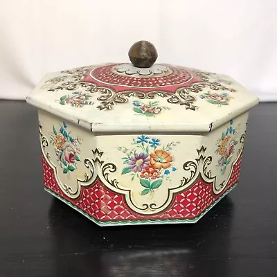 Vintage English Horners Confections Tin W Lid Footed Bouquet Red Gold • $23.99