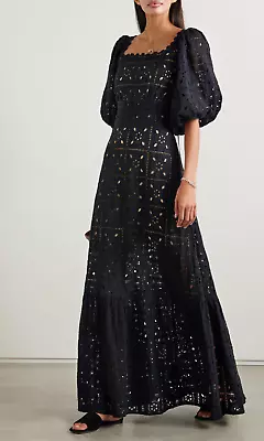 $750 MIGUELINA Mariana Tiered Black Crocheted Cotton Maxi Dress Sz M • $245