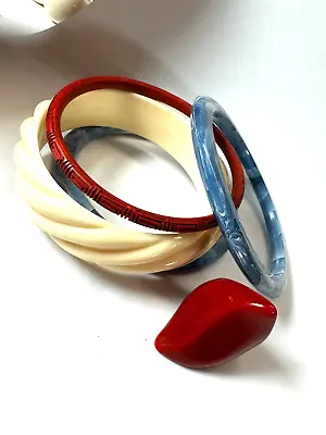 Vintage Bracelet Lot  Ring Bangle Plastic 80s Faux Cinnabar Red Blue • $16