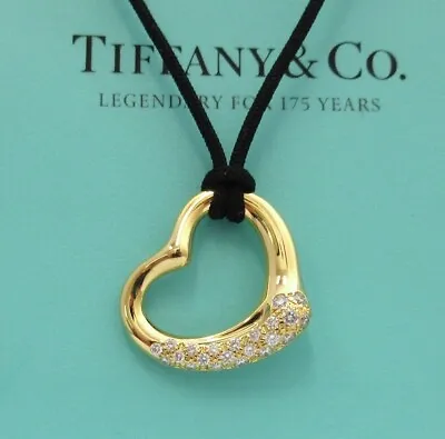 TIFFANY & Co. Elsa Peretti 18K Gold Diamond 22mm Open Heart Pendant Necklace • $2500