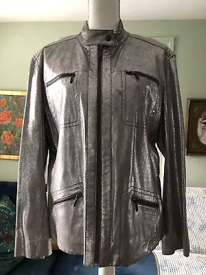 Chico's Size 3 Metallic Silver 100% Leather Snap Collar Shirt Jacket Coat • $48.99