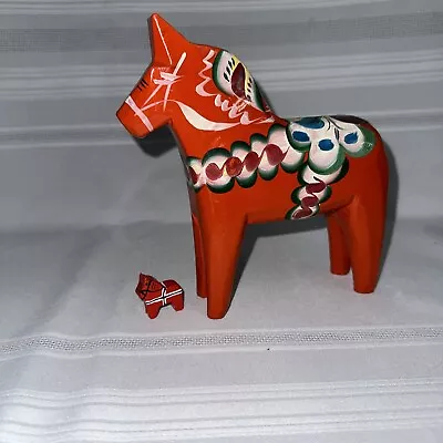 Mid-Century Modern Swedish Wooden Dala Horse Hand Crafted Painted Orange 6.75” • $29.99