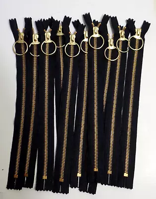 Lot Of 10 - 11 Inch Black & Brass #5 YKK Pocket Zippers With Hoop Pull New! • $12.71